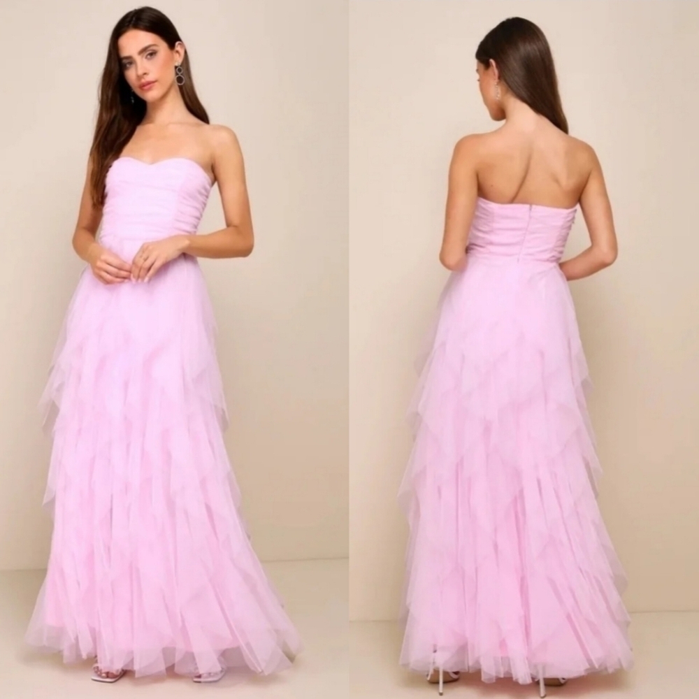 Lulus Delightful Beauty Pink Mesh Strapless Ruched Ruffled Maxi Dress L Party